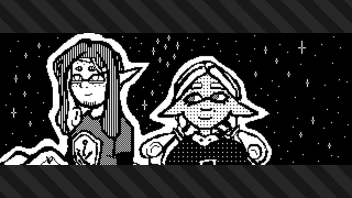 splatoon 3 plaza post of two inklings sitting together under a night sky, both smiling; one has messy, shoulder-length tentacles, some stubble, light freckled skin, and is wearing a layered shirt and glasses; the other wears their hair in a style resembling the in-game ‘cornrows’ style, but tied back into pigtails, and they have darker skin than the other inkling and they are wearing a hoodless sweatshirt