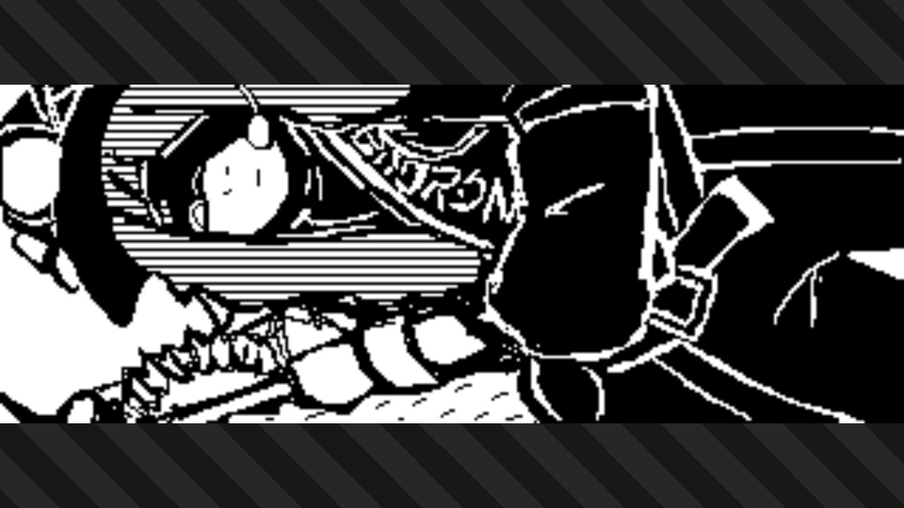 splatoon 3 plaza post of an inkling with messy, uneven tentacles wearing the heavy-duty slopsuit and holding a grizzco roller; she has a blank expression, and her eyes are partially obscured by shadow