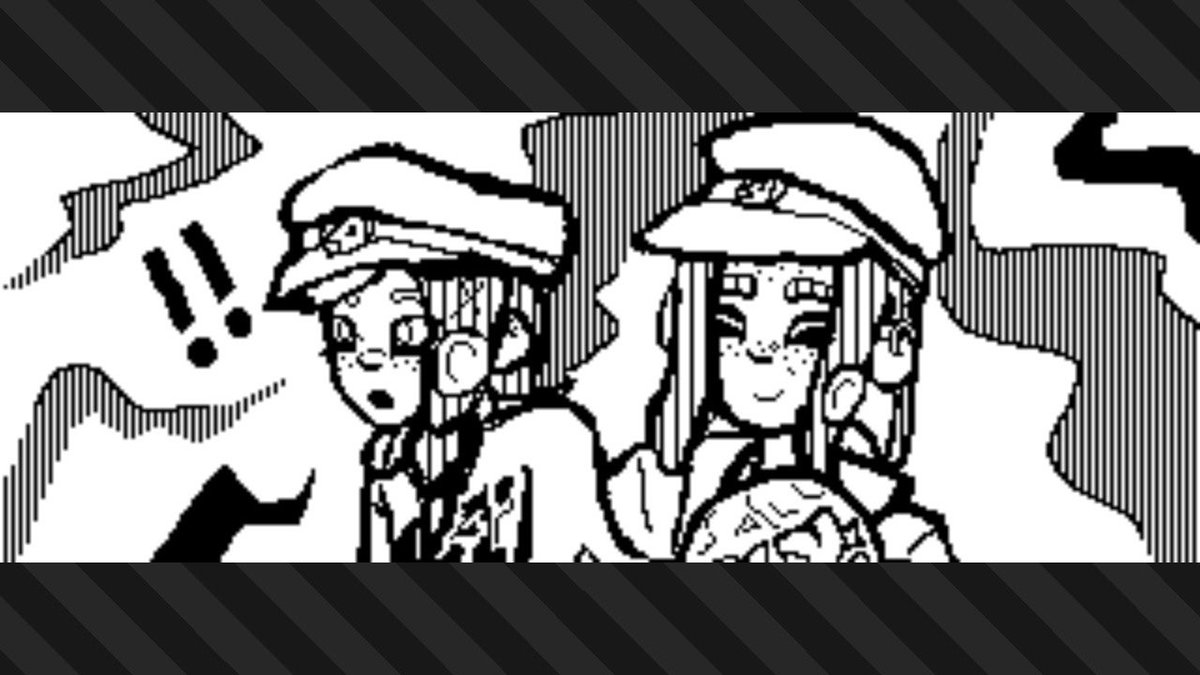 splatoon 3 plaza post depicting two octolings; one, on the left, is leaning forward and looking ahead excitedly, and the other is smiling with one hand on the other’s shoulder and the other holding a team present fan. they are both wearing the now or never cap, both have freckles, and they have similar facial features; the octoling on the left is a young girl wearing an oversized team present tee, and the one on the right is an older man with a pierced ear and nose wearing a jacket over his splatfest tee. they are on an abstract background resembling an ink pattern